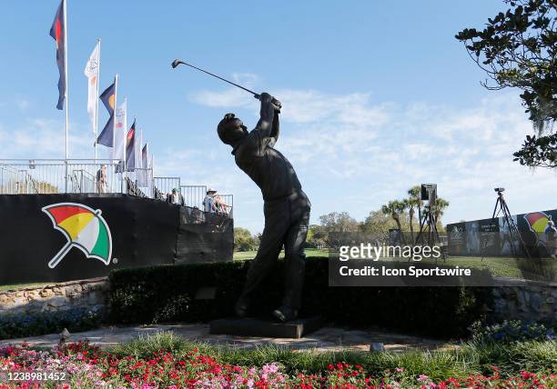 An image of the Arnold Palmer statue that stands near the first tee box during the final round of the Arnold Palmer Invitational presented by...