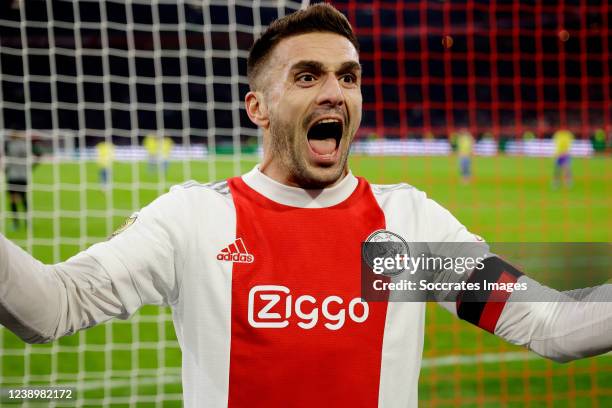 Dusan Tadic of Ajax celebrates 3-2 during the Dutch Eredivisie match between Ajax v RKC Waalwijk at the Johan Cruijff Arena on March 6, 2022 in...