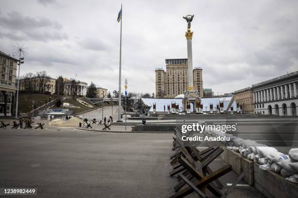 Sandbag barricades are constructed as the Russian attacks continue on Ukraine at Independence Square in Kyiv, Ukraine on March 06, 2022. Some...