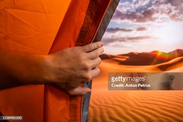 desert sunset view from the tent. travel to the sahara desert - arabian tent stock-fotos und bilder