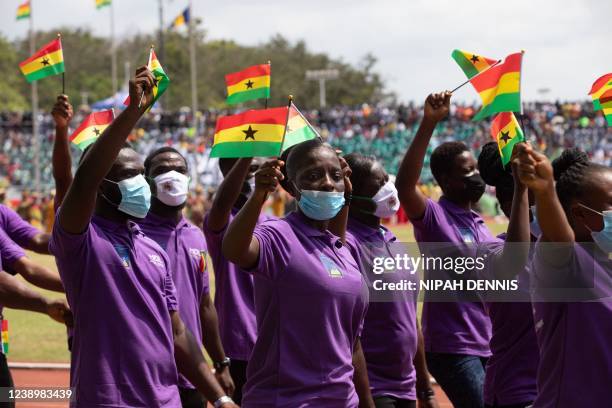 Students parade during the celebrations for Ghana 65th Independence Day at the Cape Coast Stadium on March 6, 2022. - Independendence Day is an...