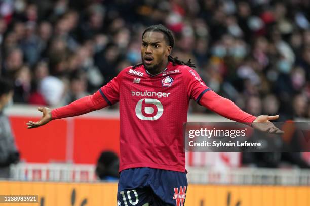 Renato Sanches of Lille OSC reacts during the Ligue 1 Uber Eats match between Lille OSC and Clermont Foot at Stade Pierre Mauroy on March 6, 2022 in...