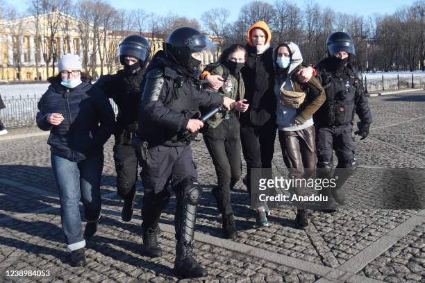 Security forces detain protesters during an anti-war demonstration in Saint-Petersburg, Russia on March 6, 2022.