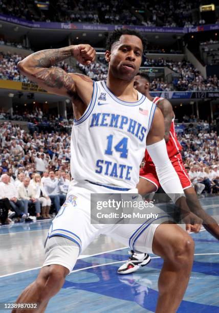 Tyler Harris of the Memphis Tigers celebrates against the Houston Cougars during a game on March 6, 2022 at FedExForum in Memphis, Tennessee. Memphis...