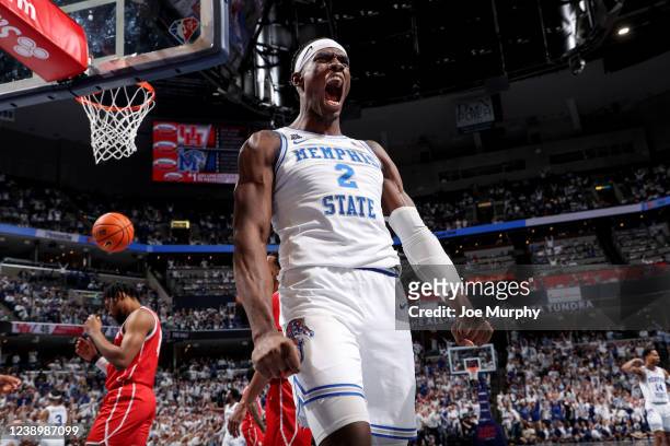 Jalen Duren of the Memphis Tigers celebrates against the Houston Cougars during a game on March 6, 2022 at FedExForum in Memphis, Tennessee. Memphis...