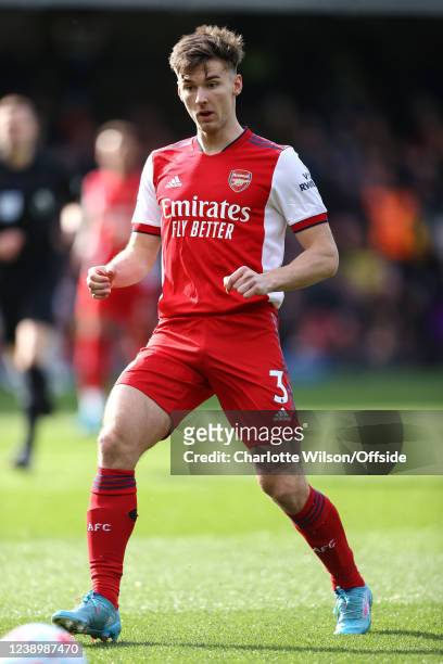 Kieran Tierney of Arsenal during the Premier League match between Watford and Arsenal at Vicarage Road on March 6, 2022 in Watford, United Kingdom.