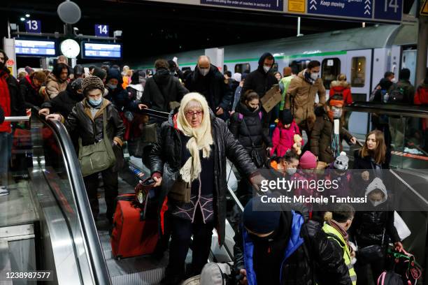 People fleeing war-torn Ukraine arrive on a train from Poland at Hauptbahnhof main railway station on March 6, 2022 in Berlin, Germany. Over one...
