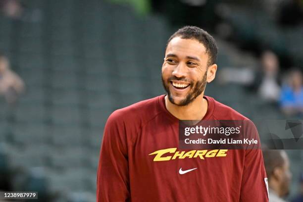 Josh Huestis of the Cleveland Charge smiles during pre-game warmups against the Long Island Nets on March 06, 2022 in Cleveland, Ohio at the Wolstein...