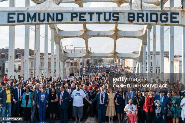 Vice President Kamala Harris marches across the Edmund Pettus Bridge to commemorate the 57th anniversary of 'Bloody Sunday' in Selma, Alabama on...