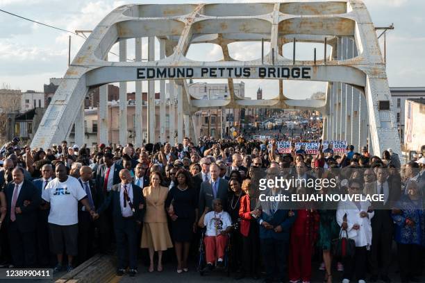 Vice President Kamala Harris marches across the Edmund Pettus Bridge to commemorate the 57th anniversary of 'Bloody Sunday' in Selma, Alabama on...