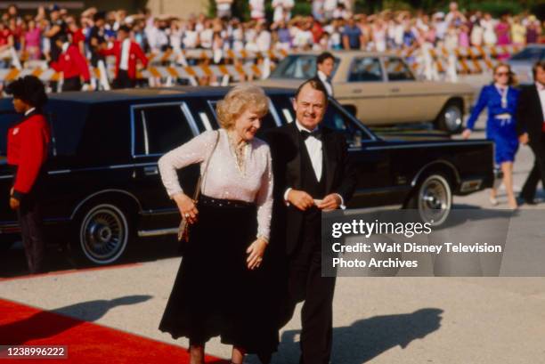 Betty White, John Hillerman appearing on the ABC tv special the 37th Primetime Emmy Awards / the 1985 Emmy Awards, at the Pasadena Civic Auditorium.