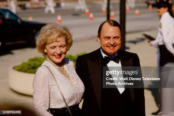 Betty White, John Hillerman appearing on the ABC tv special the 37th Primetime Emmy Awards / the 1985 Emmy Awards, at the Pasadena Civic Auditorium.