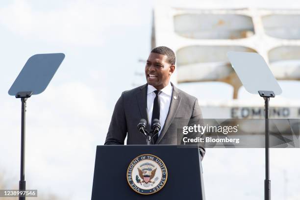 Michael Regan, administrator of the U.S. Environmental Protection Agency , speaks during an event at the Edmund Pettus Bridge marking the 57th...