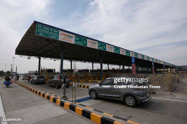 Toll Plaza at Sohna elevated road in Ghamroj village on March 6, 2022 in Gurugram, India. Mahapanchayat was held against this toll plaza.