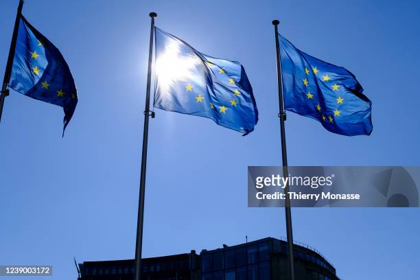 European Union flags are flown between the Berlaymont, the EU Commission headquarter and the Justus Lipsius, the EU Council headquarter, on March 7...