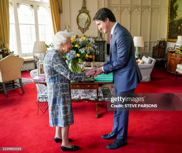 Britain's Queen Elizabeth II shakes hands with Canadian Prime Minister Justin Trudeau as they meet for an audience at the Windsor Castle, Berkshire,...