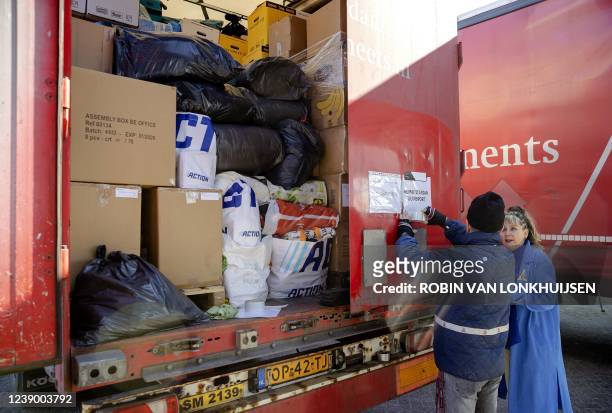 Truck loaded with items has last checks by Ukrainian and Polish employees of the transport company Smeets Ferry, in Rotterdam on March 7, 2022. -...