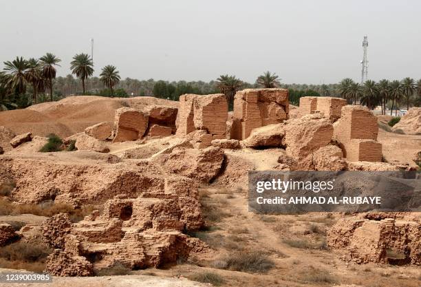 Picture taken on March 7, 2022 shows the ruins of the ancient city of Babylon at the UNESCO World Heritage archaeological site of the same name in...