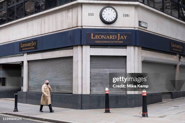 Closed down Leonard Jay gentlemen's outfitters shop in the City of London on 3rd March 2022 in London, United Kingdom.