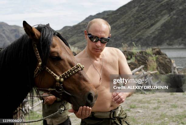 Russian Prime Minister Vladimir Putin is pictured with a horse during his vacation outside the town of Kyzyl in Southern Siberia on August 3, 2009....