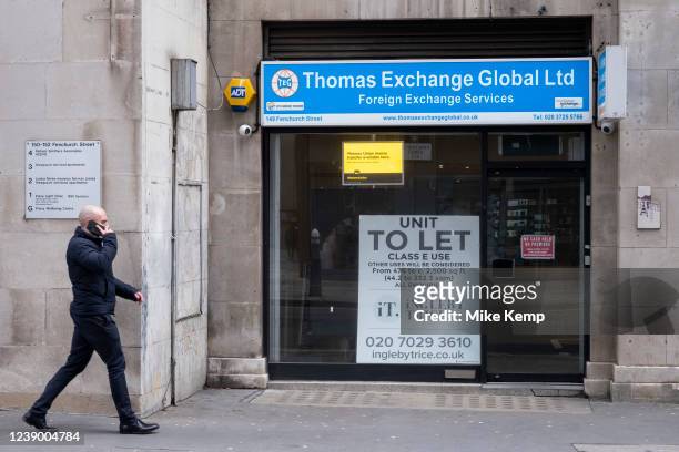 Closed down currency exchange shop in the City of London on 3rd March 2022 in London, United Kingdom.