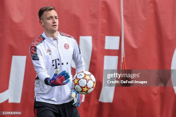 Goalkeeper Christian Fruechtl of Bayern Muenchen looks on during a training session at Saebener Strasse training ground on March 7, 2022 in Munich,...