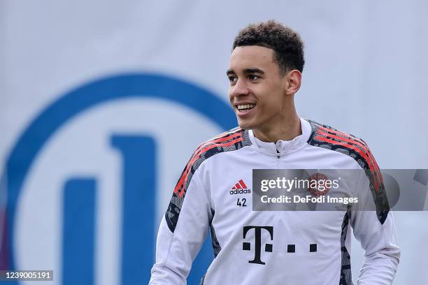 Jamal Musiala of Bayern Muenchen looks on during a training session at Saebener Strasse training ground on March 7, 2022 in Munich, Germany. Bayern...