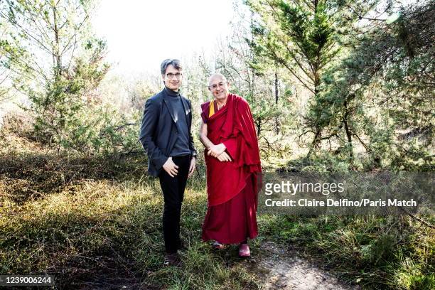 Buddhist monk Matthieu Ricard and Arte Television President Bruno Patino are photographed for Paris Match on December 30, 2021 in Peyzac-le-Moustier,...