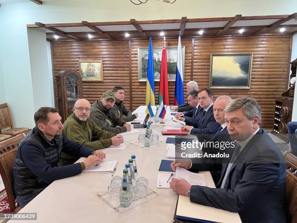 Delegations attend the third round of Russia-Ukraine peace talks in Brest, Belarus on March 07, 2022.
