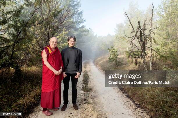 Buddhist monk Matthieu Ricard and Arte Television President Bruno Patino are photographed for Paris Match on December 30, 2021 in Peyzac-le-Moustier,...