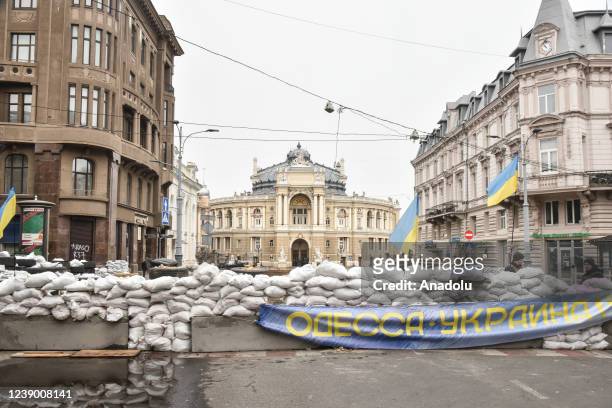 Sandbag barricades are constructed as part of defense preparations due to ongoing Russian attacks on Ukraine, in the southern Ukrainian city of...