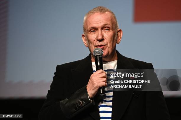 French fashion designer Jean-Paul Gaultier delivers a speech during the launch of "Sidaction 2022", a fundraiser to fight against Aids, in Paris on...