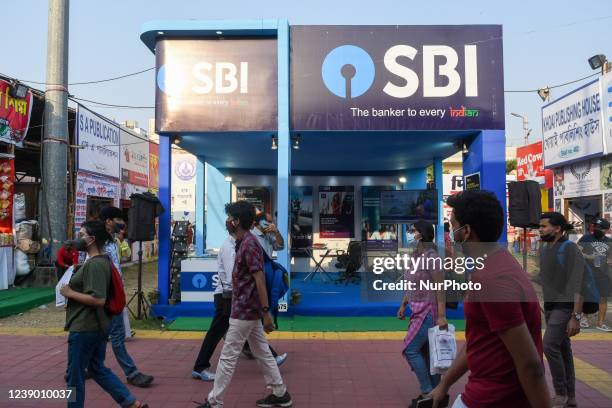 An State Bank of India stall at Kolkata book fair ground in Kolkata , India , on 7 March 2022 .