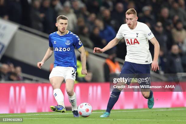 Jonjoe Kenny of Everton and Dejan Kulusevski of Tottenham Hotspur during the Premier League match between Tottenham Hotspur and Everton at Tottenham...