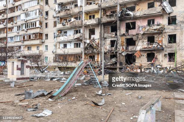 General view of a residential building after it was damaged following a Russian shelling attack as Russian forces continue their full-scale invasion...