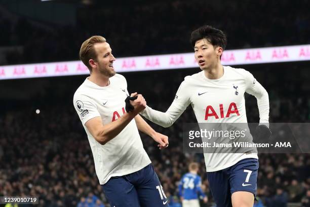 Son Heung-Min of Tottenham Hotspur celebrates after scoring a goal to make it 2-0 with Harry Kane during the Premier League match between Tottenham...