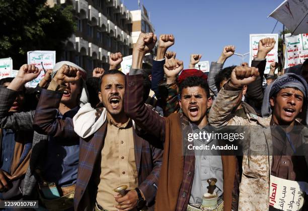 People gather to protest the ongoing fuel crisis in Houthi rebels captured capital city, Sanaa, Yemen on March 7, 2022.