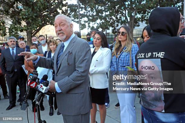 Attorney Mark Geragos speaks to the media in front of the Santa Clara County Hall of Justice on Monday, March 7 in San Jose, Calif. Geragos is...