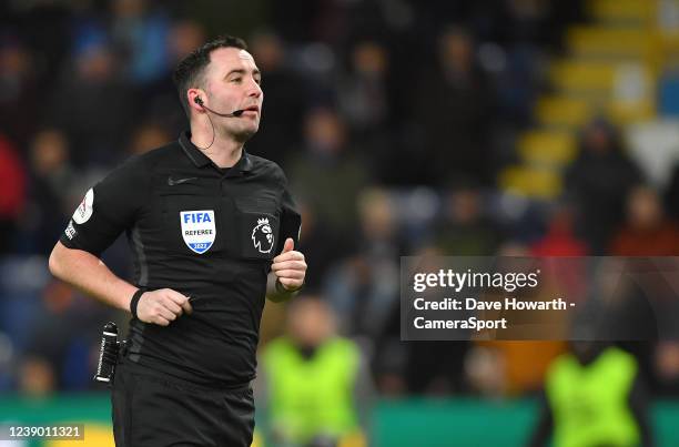 Referee Chris Kavanagh during the Premier League match between Burnley and Leicester City at Turf Moor on March 1, 2022 in Burnley, United Kingdom.