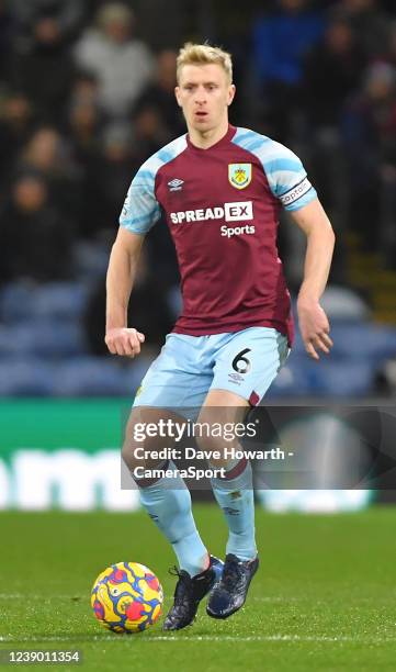 Burnley's Ben Mee during the Premier League match between Burnley and Leicester City at Turf Moor on March 1, 2022 in Burnley, United Kingdom.