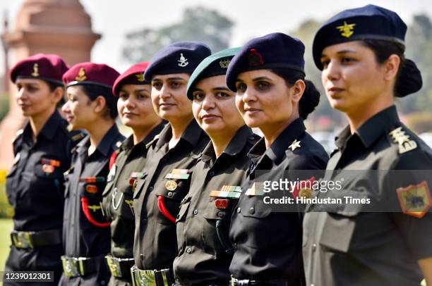 Indian Army Women Officers pose for a photograph on the eve of International Womens Day, at South Block on March 7, 2022 in New Delhi, India.