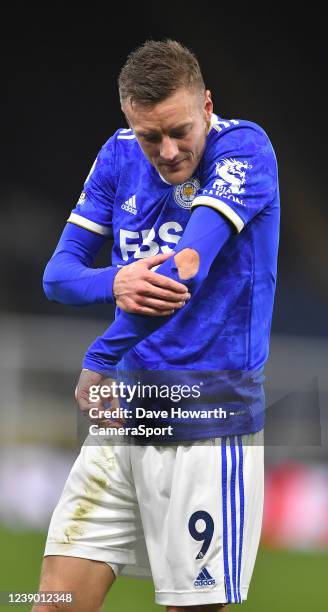 Leicester City's Jamie Vardy during the Premier League match between Burnley and Leicester City at Turf Moor on March 1, 2022 in Burnley, United...