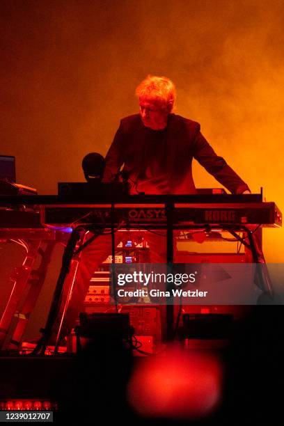 British keyboarder Tony Banks of the band Genesis performs live on stage during a concert at Mercedes Benz Arena on March 7, 2022 in Berlin, Germany.