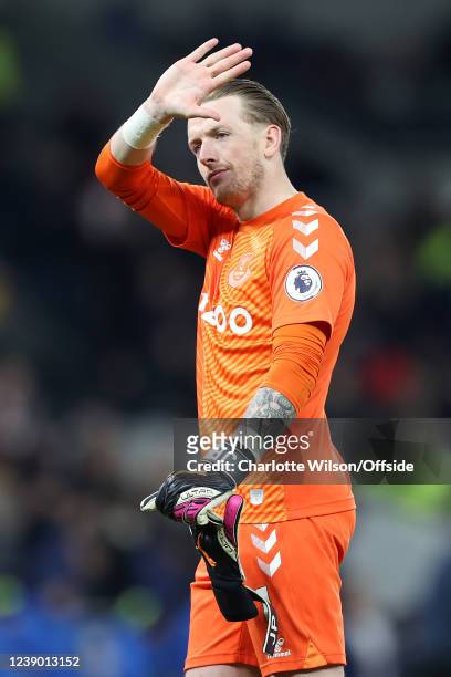 Everton goalkeeper Jordan Pickford looks dejected as he acknowledges the support after the Premier League match between Tottenham Hotspur and Everton...