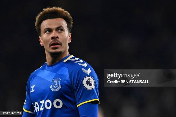 Everton's English midfielder Dele Alli reacts during the English Premier League football match between Tottenham Hotspur and Everton at Tottenham...