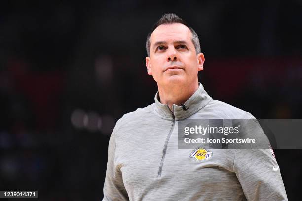 Los Angeles Lakers head coach Frank Vogel looks on during a NBA game between the Los Angeles Lakers and the Los Angeles Clippers on March 3, 2022 at...