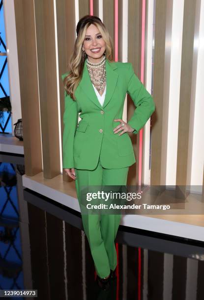 Myrka Dellanos is seen during Telemundo's "La Mesa Caliente" premiere episode at Telemundo Center on March 7, 2022 in Doral, Florida.