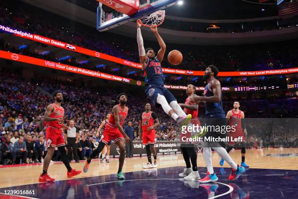 Tobias Harris of the Philadelphia 76ers dunks the ball against the Chicago Bulls in the second half at the Wells Fargo Center on March 7, 2022 in...