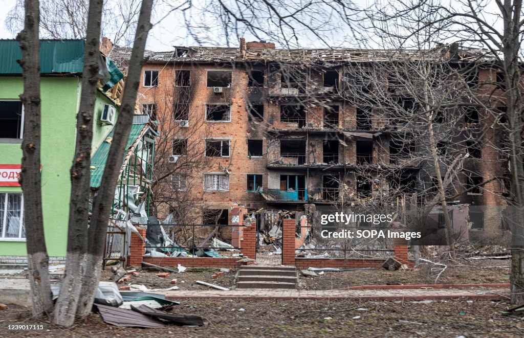 A secondary school building seen destroyed by Russian...
