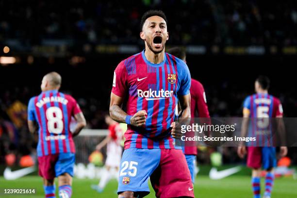 Pierre Emerick Aubameyang of FC Barcelona celebrates goal 1-0 during the La Liga Santander match between FC Barcelona v Athletic de Bilbao at the...